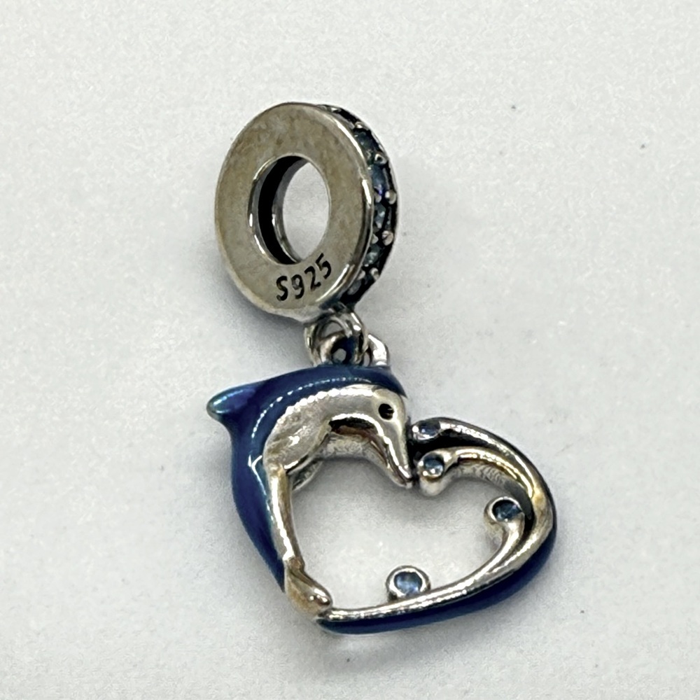 Sterling Silver Dolphin & Heart Charm with Blue Enamel and CZ – New